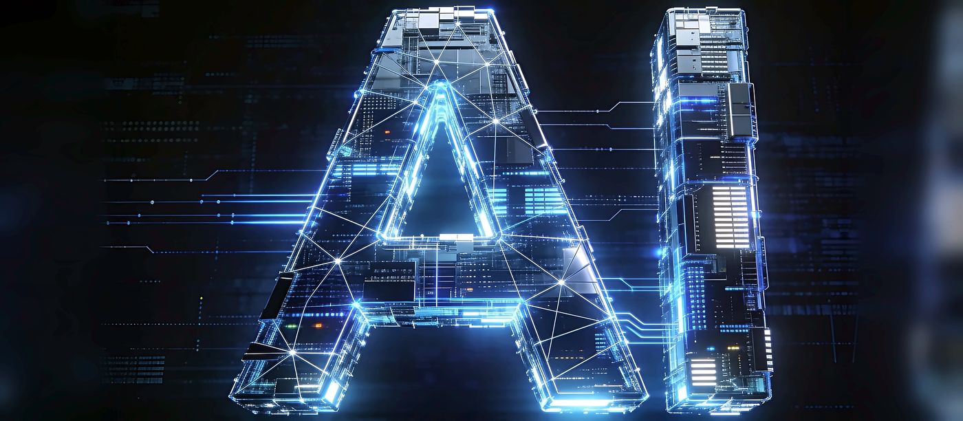 由电路与数据模块构成的立体发光“AI”字样,背景是深色数据网格