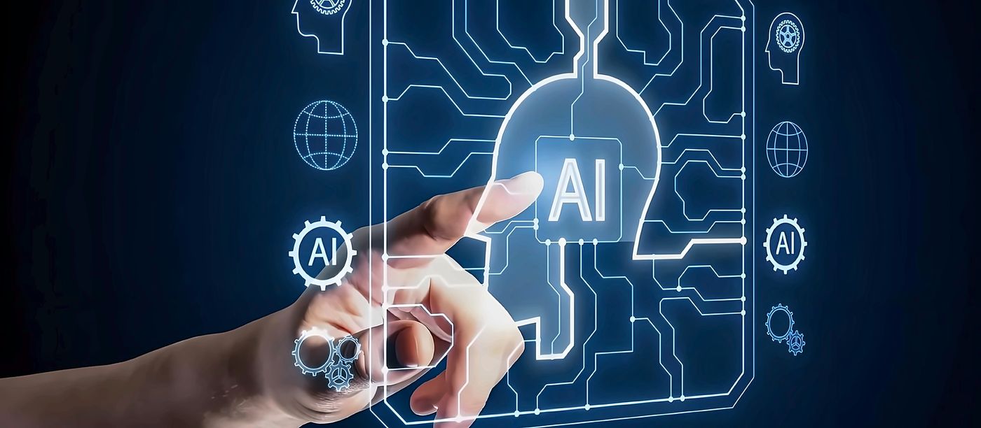 手指轻触屏幕上发光的电路头像,中心写着“AI”,四周环绕齿轮、地球与大脑图标