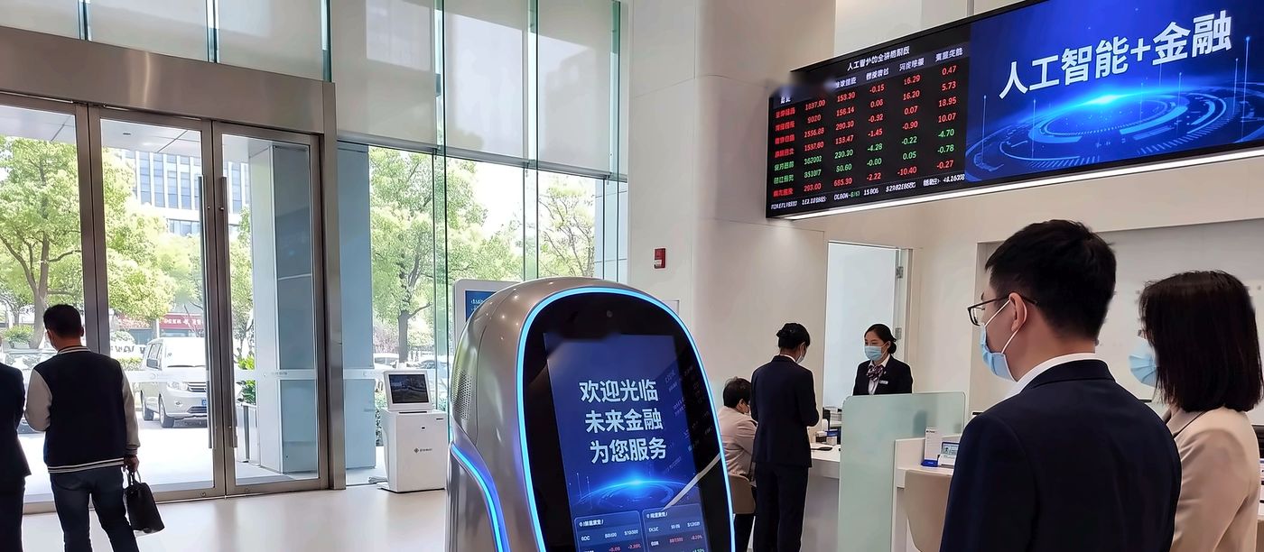 银行营业厅里,智能服务机器人的屏幕显示“欢迎光临 未来金融 为您服务”,上方大屏写着“人工智能+金融”