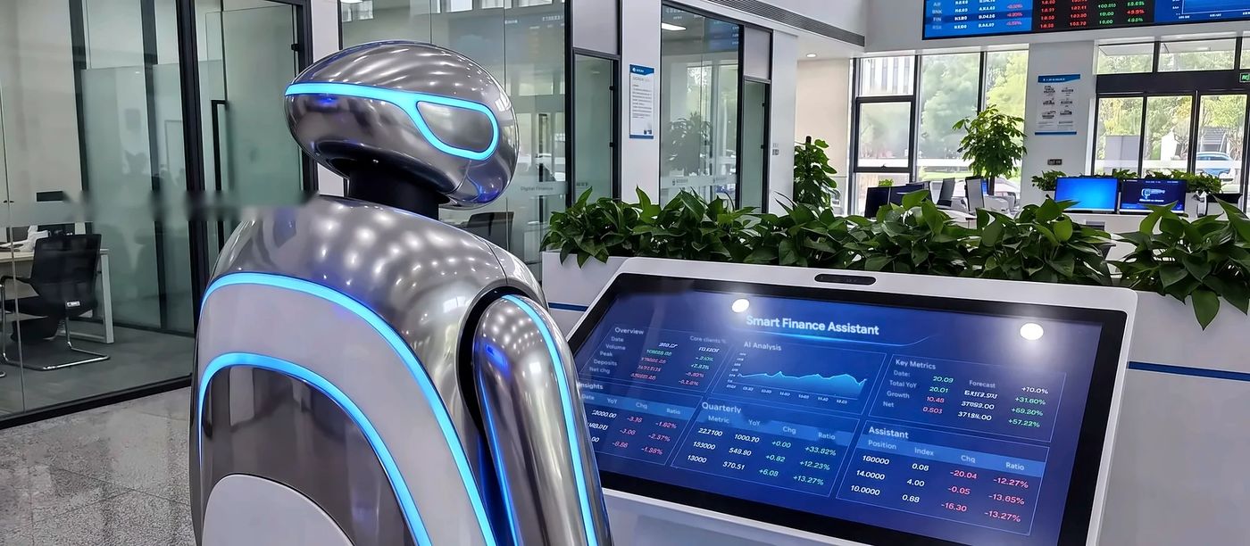 In a bank lobby, a silver service robot stands before a “Smart Finance Assistant” touchscreen beneath market-data displays