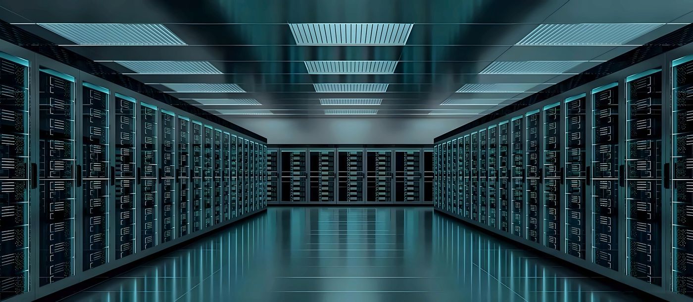 A long, symmetrical data-center aisle lined with rows of server racks under bright ceiling lights, in teal tones