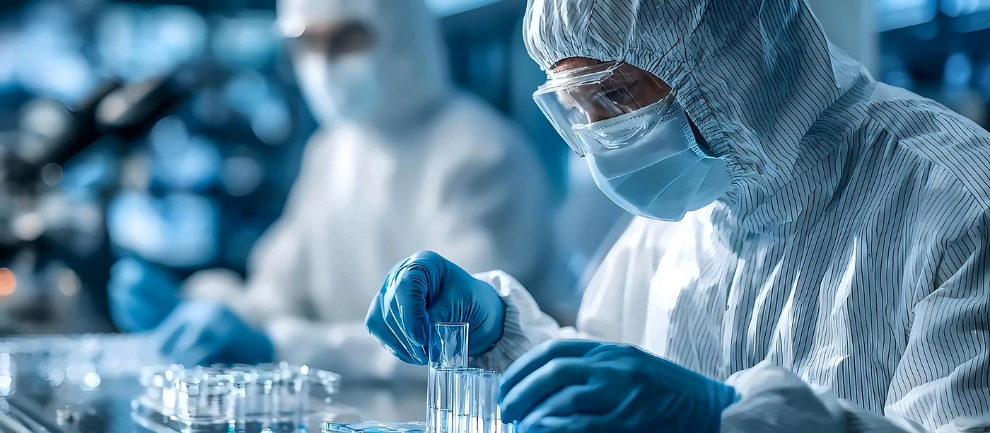 身穿洁净服、戴护目镜和口罩的研究人员在实验台前处理试管
