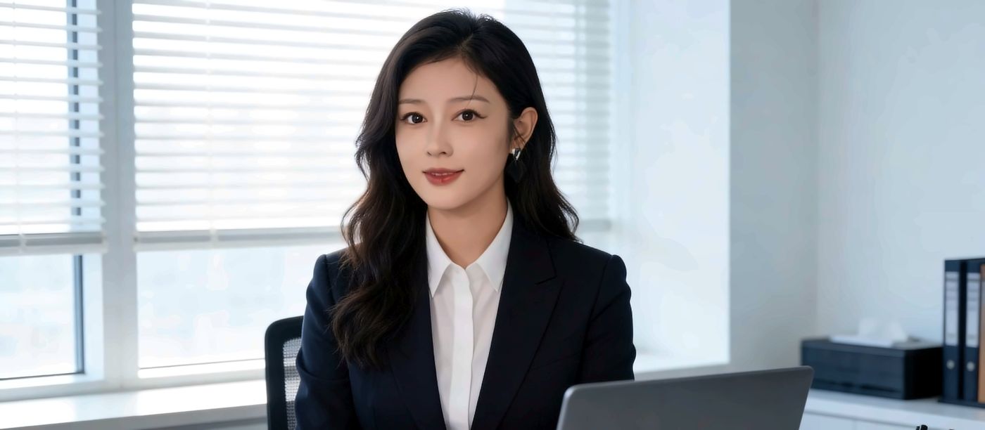 身着深色西装的职业女性坐在明亮办公室的办公桌前,面前是一台笔记本电脑